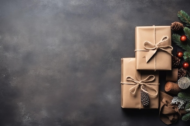 Composición navideña con cajas de regalo, bolas de tarjetas, ramas de abeto, piñas con espacio de copia Navidad