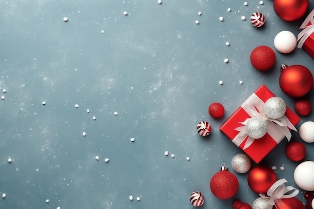 Composición navideña con cajas de regalo, bolas de tarjetas, ramas de abeto, piñas con espacio de copia Navidad