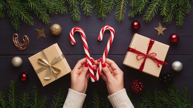 Foto composición navideña caramelos de navidad bastones regalos bolas y ramas de abeto colocado plano vista superior