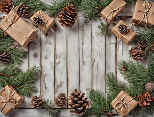 Composición navideña de conos de pino y ramas de árbol de Navidad con cajas de regalos sobre fondo de madera