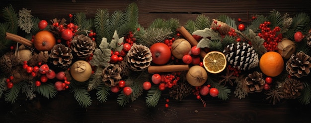 Composición navideña de la decoración y la comida Topview Banner Gnerative ai