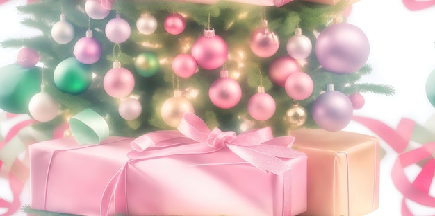 Composición navideña Decorado árbol de Navidad y regalos en rosa y verde