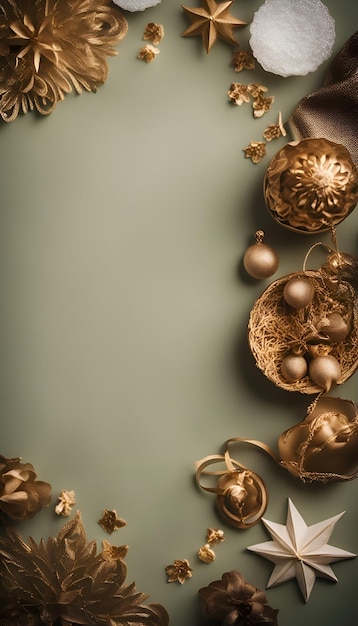 Composición navideña juguetes de árbol de Navidad bolas doradas sobre fondo verde espacio de copia de vista superior plana