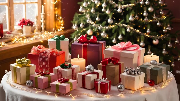 Composición navideña de pequeñas cajas de regalos en la mesa