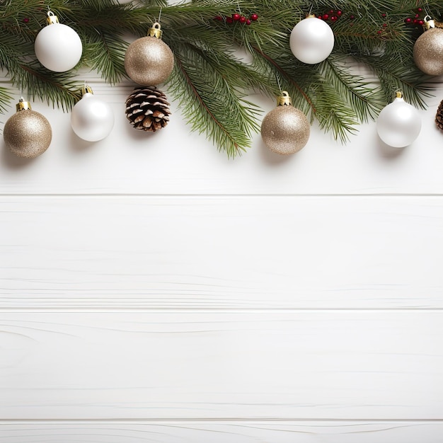 Composición navideña sobre un fondo blanco con cajas de regalos blancas con cinta roja con ramas de abeto