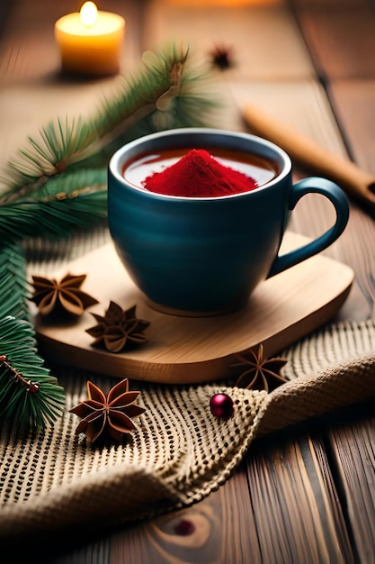 composición navideña con una taza de especias de té sobre un elemento tejido