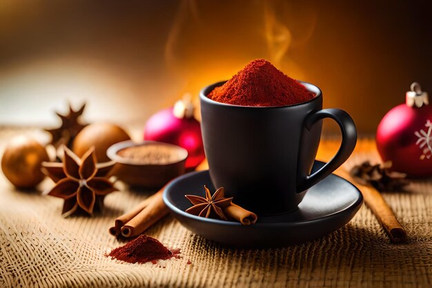 composición navideña con una taza de especias de té sobre un elemento tejido
