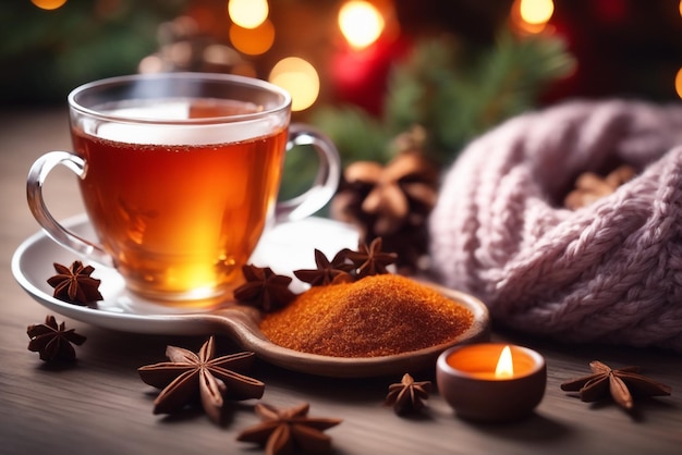 composición navideña con una taza de especias de té sobre un fondo de bebida navideña con elemento tejido