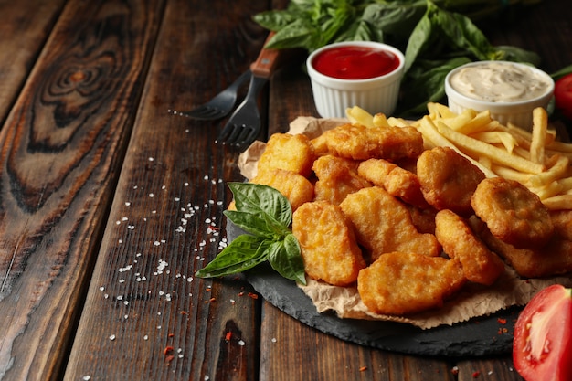 Composición con nuggets de pollo, salsas y patatas sobre fondo de madera