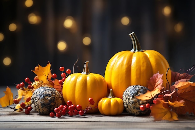 Composición otoñal de calabazas con bayas rojas y hojas de arce sobre fondo de madera IA generativa