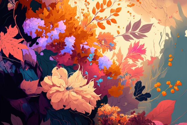 Composición otoñal de estilo anime con flores sobre un fondo brillante