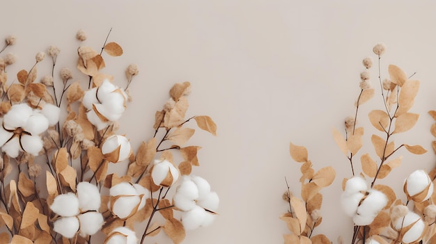 Composición otoñal Marco hecho de ramas de eucalipto flores de algodón hojas secas sobre fondo gris pastel Concepto de otoño otoñal Flat lay AI Generativo