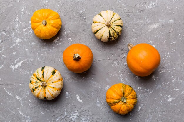 Composición otoñal de pequeñas calabazas naranjas sobre fondo de mesa de colores Concepto de otoño de Halloween y Acción de Gracias Fotografía plana de otoño Vista superior con espacio de copia