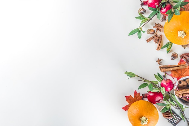 Composición otoñal Tarjeta de felicitación navideña de Acción de Gracias Fondo de cocina de calabaza con decoración festiva de otoño calabazas pequeñas especias nueces pecanas fondo blanco espacio de copia