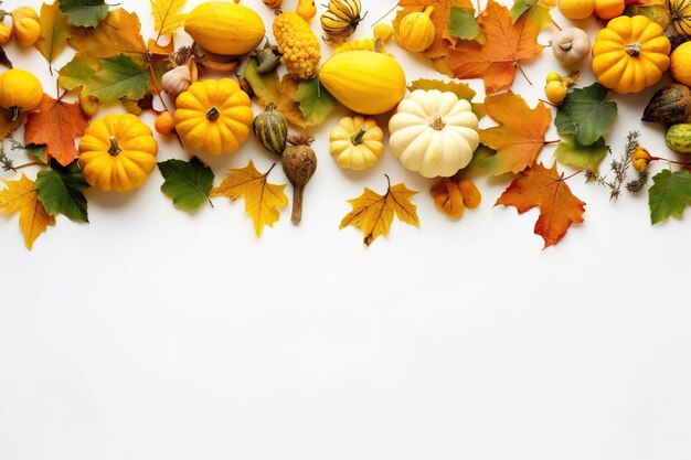 Composición de otoño del borde de hojas secas y calabaza