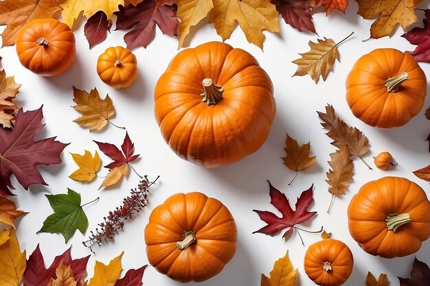 Composición de otoño calabaza y follaje de otoño en blanco