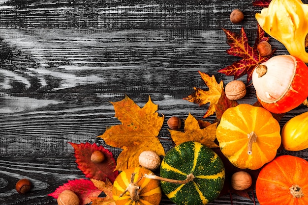 Composición de otoño con calabazas, hojas de otoño y nueces.