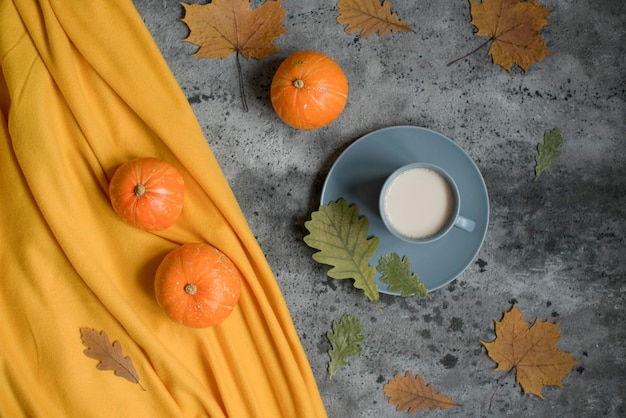 Composición de otoño, calabazas y una taza con bebida.