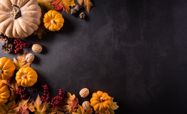 Composición de otoño Flores de algodón de calabaza y hojas de otoño sobre piedra oscura