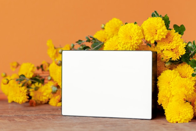 Composición de otoño con flores de crisantemos amarillos y caja de luz en blanco vacía sobre fondo naranja.