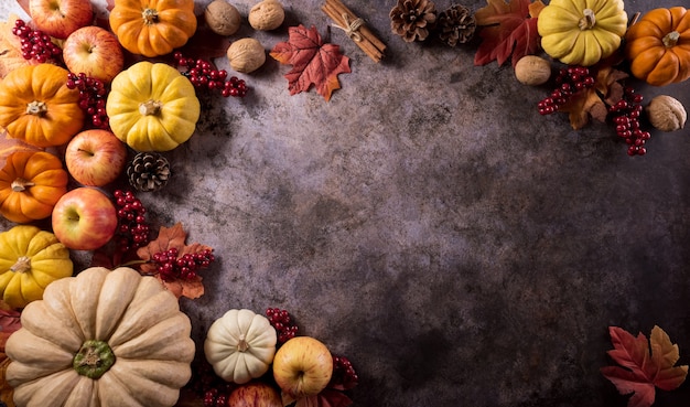 Composición de otoño Hojas de otoño de calabaza y manzana sobre fondo de piedra oscura