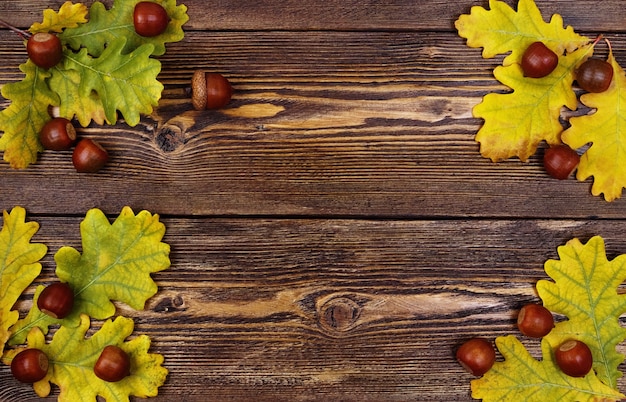 Composición de otoño laicos plana con bellotas y hojas de roble amarillo sobre madera con textura marrón