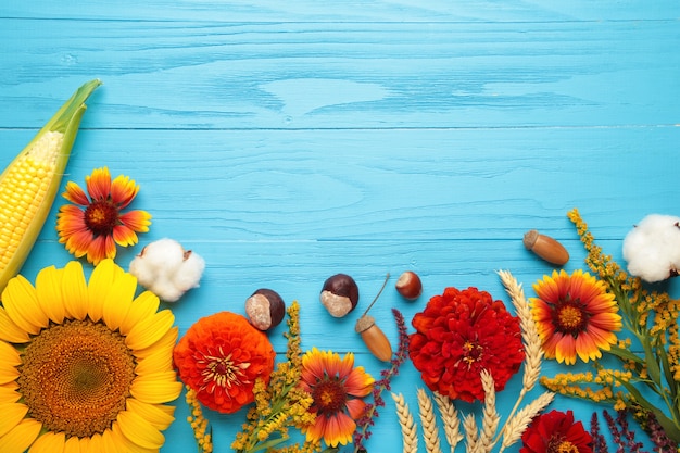 Composición de otoño. Marco de flores frescas sobre fondo de madera azul. Endecha plana, vista superior, espacio de copia. Día de Gracias