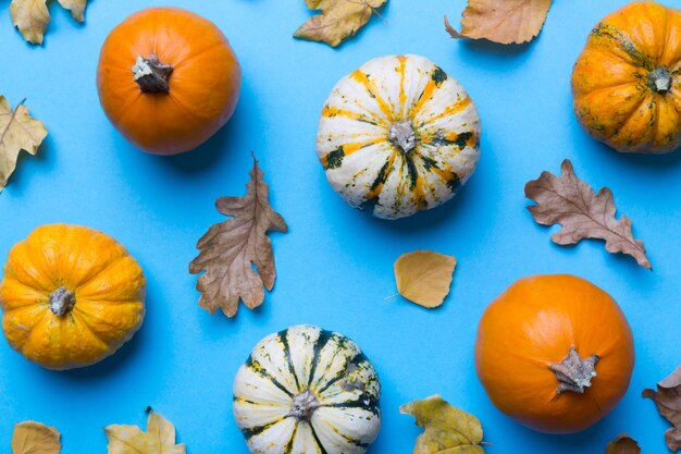 Composición de otoño Patrón hecho de hojas secas y otros accesorios de diseño en la mesa Vista plana superior