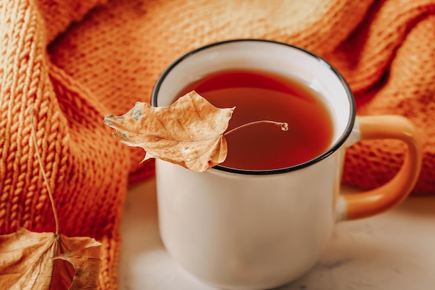 Composición de otoño Suéter de punto naranja con una taza de té y hojas de otoño