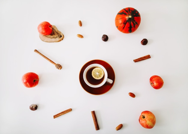 Composición de otoño con una taza de té manzanas calabaza y canela sobre fondo blanco vista superior