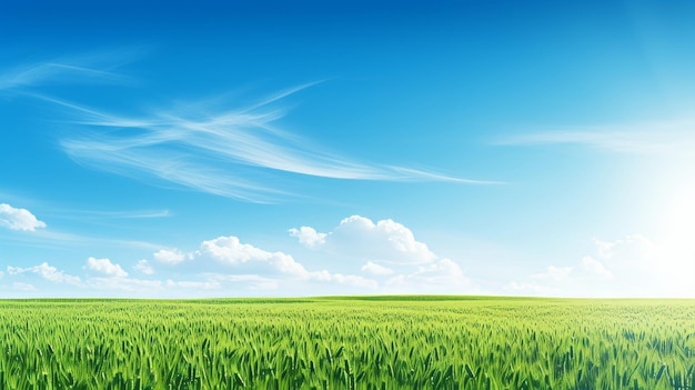 Foto composición del paisaje de una llanura verde estéril y un cielo azul brillante con nubes blancas