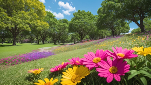 Foto una composición de un parque nostálgicamente encantador con un camino y flores ai generativo