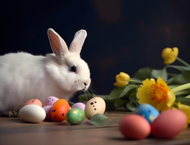 Composición de Pascua con conejo y huevos de colores IA generativa