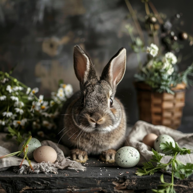 Foto composición de pascua con conejo y huevos