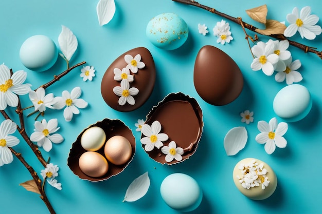 Composición de pascua con huevos de chocolate y ramas de cerezo con flores sobre un fondo azul