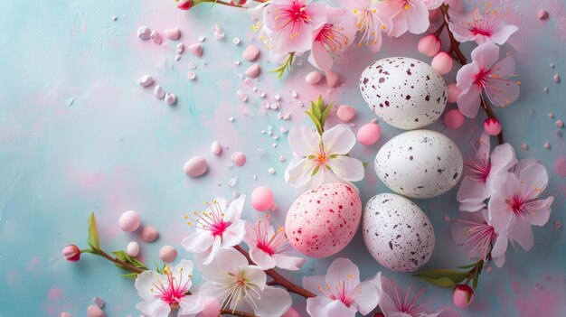 Composición de Pascua de huevos de codorniz coloridos y flores de primavera sobre el fondo Concepto de vacaciones de primavera con espacio de copia Vista superior