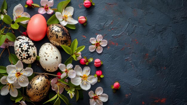 Composición de Pascua de huevos de codorniz coloridos y flores de primavera sobre el fondo Concepto de vacaciones de primavera con espacio de copia Vista superior