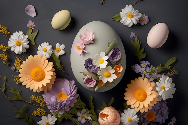 Composición de Pascua con huevos y flores sobre fondo negro Vista superior plana IA generativa