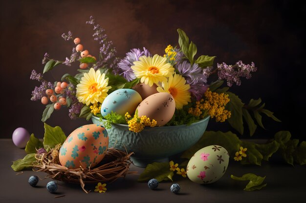 Composición de Pascua con huevos y flores sobre fondo oscuro Naturaleza muerta en estilo antiguo IA generativa