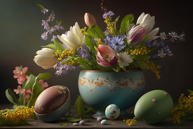 Composición de Pascua con huevos y flores sobre fondo oscuro Naturaleza muerta en estilo antiguo IA generativa