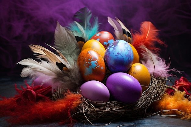 Composición de Pascua de huevos pintados y plumas sobre un fondo coloreado