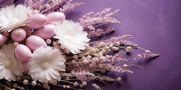 Composición de Pascua con huevos de plumas y flores blancas de gipsófila sobre un fondo de papel arrugado violeta