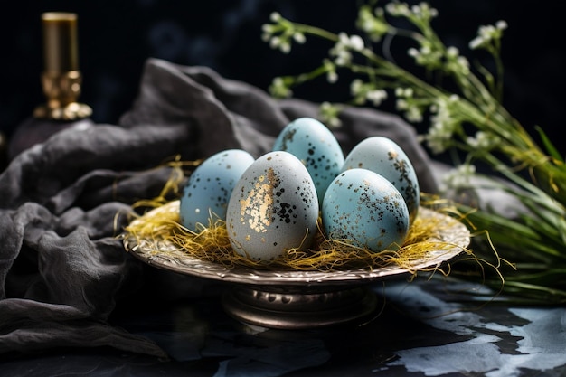 Composición de Pascua con un ramo de flores y huevos sobre un fondo borroso