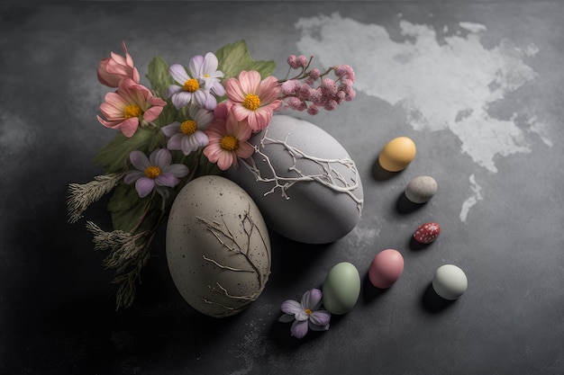 Composición de pascua sobre fondo de hormigón gris huevos de pascua con flores IA generativa