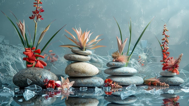 Foto composición de piedras y flores en una superficie reflectante con vidrio roto