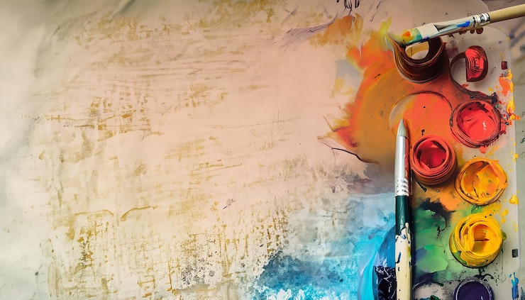Foto composición de pinceles de pintura sucios sobre fondo de colores