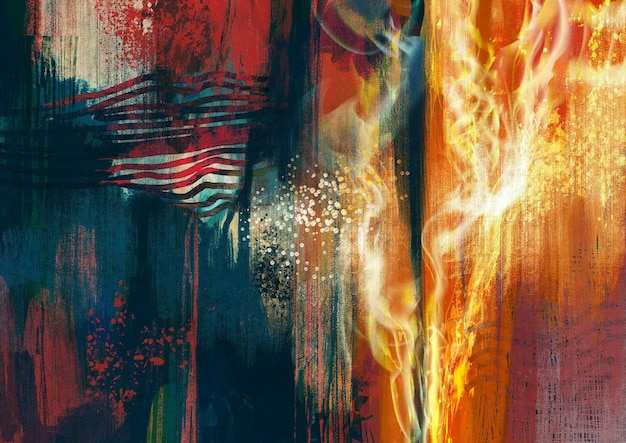 Composición de pintura abstracta colorida con naranja brillante de llamas de fuego