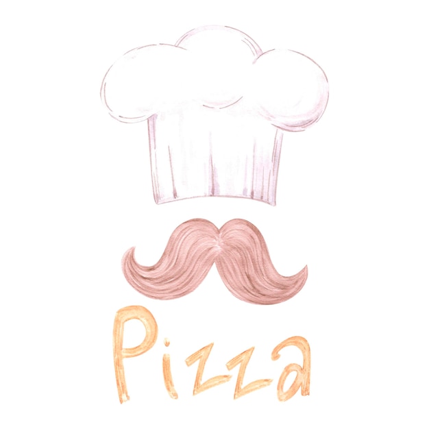 Composición de pizza de acuarela dibujada a mano con gorra de chef de bigote y letras Ilustración de alimentos aislados en fondo blanco Se puede usar para álbum de recortes de tarjetas de etiqueta y otros productos impresos