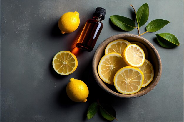 Composición plana con aceite esencial y limones o