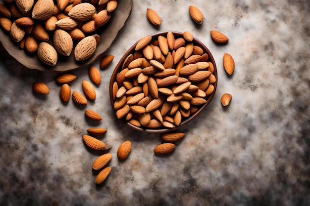 Composición plana de almendras con espacio libre para copiar fondo de corales pétreos